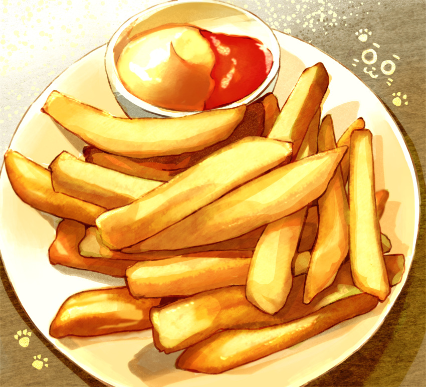absurdres food food_focus french_fries highres ketchup no_humans oikawa_2301 original paw_print plate shadow still_life