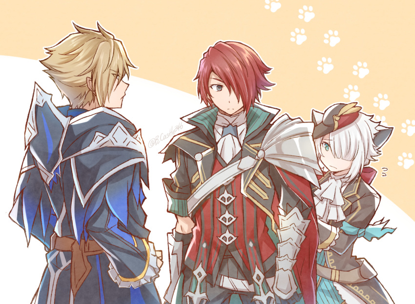 1girl 2boys adol_christin animal_ears aqua_eyes armband armor black_coat black_gloves blonde_hair cat_ears cat_girl closed_mouth coat crown gloves grey_eyes hair_between_eyes hair_over_one_eye hand_on_own_hip hawk_(ys) mishiro_(andante) multiple_boys red_vest redhead shirt short_hair shoulder_armor sketch standing twitter_username vest white_cat_(ys) white_hair white_shirt ys_ix_monstrum_nox