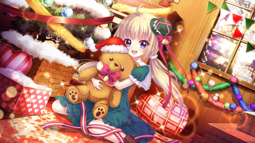 1girl bell blonde_hair blue_eyes boots bow box brick brown_footwear carpet christmas christmas_lights christmas_ornaments christmas_tree cross-laced_footwear dot_nose dress film_grain fireplace frilled_hat frills game_cg gift gift_box green_dress green_headwear hat heart heart_pillow indoors itsumura_haruka izumi_tsubasu lens_flare long_hair low_twintails mini_hat non-web_source object_hug official_art on_floor open_mouth pillow re:stage! red_bow red_ribbon ribbon santa_hat single_horizontal_stripe sitting smile snowflake_print solo sparkle string_of_flags stuffed_animal stuffed_toy teddy_bear teeth tilted_headwear twintails upper_teeth_only wariza white_stripes white_trim window wooden_wall