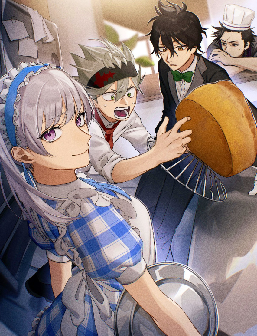 1girl 3boys apron asta_(black_clover) black_clover black_hair black_headband black_suit blue_headband bow bowtie chef_hat closed_mouth collared_shirt formal frilled_apron frilled_hairband frills gen_me green_bow green_bowtie grey_hair hairband hat headband highres looking_at_viewer low_twintails multiple_boys necktie noelle_silva official_alternate_costume open_mouth red_necktie shirt short_hair smile suit twintails violet_eyes waitress white_shirt yami_sukehiro yellow_eyes yuno_(black_clover)