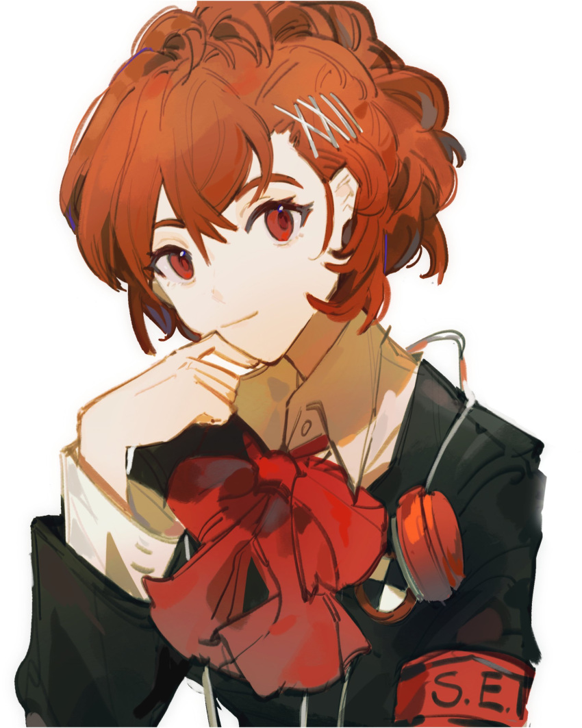 1girl absurdres armband black_jacket bow bowtie brown_eyes brown_hair closed_mouth collared_shirt hair_ornament hand_up headphones highres hikawayunn jacket long_sleeves looking_at_viewer persona persona_3 red_bow red_bowtie shiomi_kotone shirt short_hair smile solo upper_body white_background white_shirt x_hair_ornament