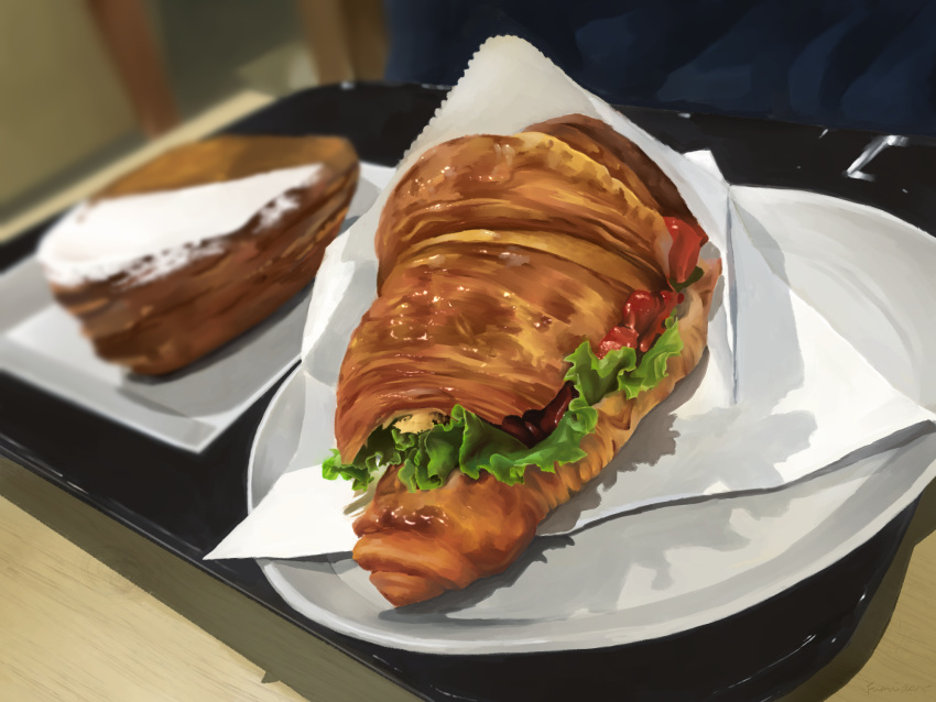 aon968 croissant food food_focus highres indoors lettuce napkin no_humans original plate sandwich shadow still_life