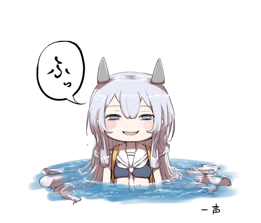 1girl anya's_heh_face_(meme) blue_hair blush_stickers commentary_request crop_top grey_eyes hair_between_eyes half-closed_eyes headgear hitokoe i-203_(kancolle) in_water kantai_collection light_blue_hair long_hair looking_at_viewer meme sailor_collar sleeveless smirk solo speech_bubble translation_request troll_face trolling upper_body wet white_sailor_collar