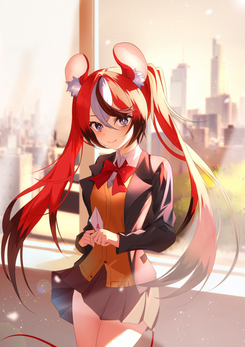 1girl absurdres animal_ears blue_eyes bow city envelope hakos_baelz highres holding holding_envelope hololive hololive_english jiang_ye_kiri long_hair love_letter mouse_ears mouse_tail multicolored_hair pleated_skirt redhead school_uniform skirt smile tail twilight twintails virtual_youtuber window