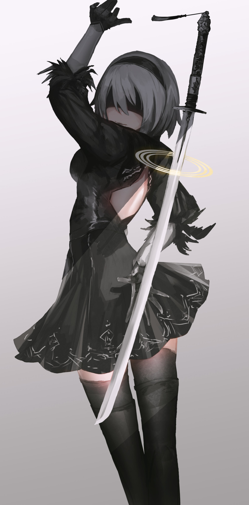 1girl absurdres advarcher back_cutout black_blindfold black_dress black_hairband black_thighhighs blindfold clothing_cutout covered_eyes dress feather-trimmed_sleeves from_behind gloves gradient_background hairband highres katana long_sleeves looking_at_viewer looking_back mole mole_under_mouth nier:automata nier_(series) solo sword thigh-highs virtuous_contract weapon yorha_no._2_type_b
