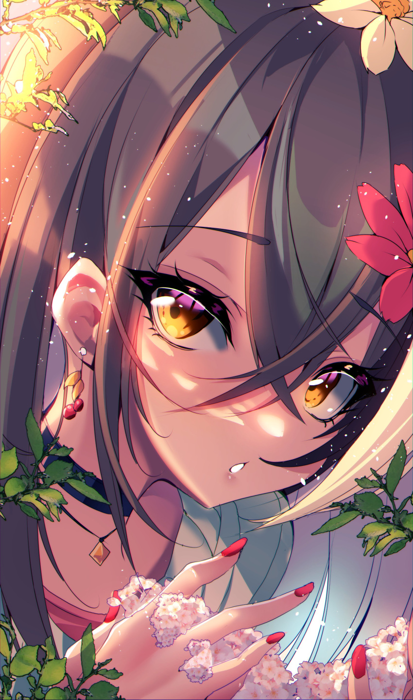 1girl absurdres berry black_choker branch brown_eyes brown_hair cherry_blossoms choker earrings flower food-themed_earrings hair_flower hair_ornament highres hololive hololive_english hood hoodie jewelry leaf light_particles long_hair looking_at_viewer multicolored_hair nail_polish nanashi_mumei necklace official_alternate_costume parted_lips red_nails red_shirt shirt streaked_hair sweater the0neulost virtual_youtuber white_hoodie white_sweater