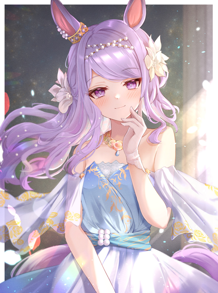 1girl absurdres animal_ears blue_dress blush border closed_mouth collarbone dress floating_hair flower hair_flower hair_ornament highres horse_ears horse_girl horse_tail jewelry light_purple_hair light_smile long_hair looking_at_viewer mejiro_mcqueen_(heart_exposed_to_the_night_breeze)_(umamusume) mejiro_mcqueen_(umamusume) necklace sky_cappuccino solo swept_bangs tail umamusume upper_body violet_eyes wherefore_i_adore_you_(umamusume) white_border white_flower