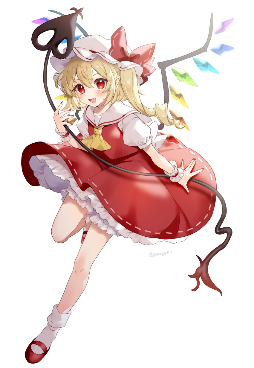 1girl :d absurdres ascot blonde_hair bloomers bow commentary_request crystal fang flandre_scarlet full_body hat hat_bow highres laevatein_(touhou) long_hair mary_janes mob_cap nail_polish open_mouth paragasu_(parags112) petticoat pointy_ears puffy_short_sleeves puffy_sleeves red_bow red_eyes red_footwear red_nails red_vest shirt shoes short_sleeves side_ponytail simple_background smile socks solo touhou twitter_username underwear vest white_background white_headwear white_shirt white_socks wings wrist_cuffs yellow_ascot