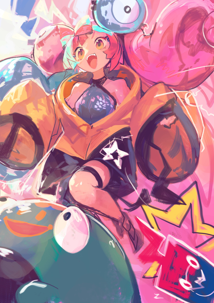 1girl absurdres bellibolt blue_hair bow-shaped_hair character_hair_ornament fang grey_shirt hair_ornament highres iono_(pokemon) jacket jumping kaamin_(mariarose753) magnemite multicolored_hair open_mouth oversized_clothes pink_hair pokemon pokemon_(game) pokemon_sv rotom rotom_phone shirt single_leg_pantyhose sleeveless sleeveless_shirt sleeves_past_fingers sleeves_past_wrists smile split-color_hair thigh_strap twintails two-tone_hair v-shaped_eyebrows very_long_sleeves yellow_eyes yellow_jacket