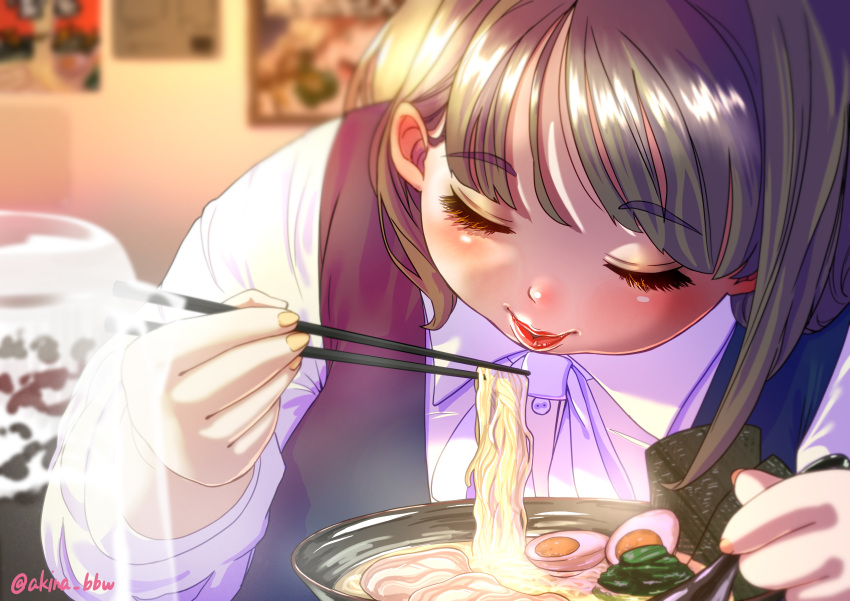 1girl absurdres akina_bbw artist_name blurry blurry_background bowl buttons character_request chopsticks closed_eyes copyright_request depth_of_field eating egg_(food) food highres holding holding_chopsticks long_hair long_sleeves noodles parted_lips ramen red_lips solo twitter_username upper_body