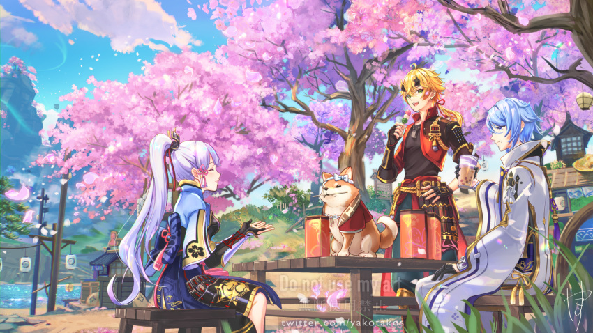 1girl 2boys :d ^_^ aratakosu_(tako's) arm_guards armor artist_name asymmetrical_gloves back_bow bag black_gloves black_shirt blonde_hair blue_bow blue_hair blue_pants blue_skirt blue_sky blunt_bangs blush bow brother_and_sister bubble_tea bush chair cherry_blossoms closed_eyes closed_mouth clouds commentary_request cropped_jacket cup dango day disposable_cup dog dog_tags drinking_straw earrings fake_horns falling_petals fence fingerless_gloves flower_knot food genshin_impact gloves gold_trim grass green_eyes hair_between_eyes hair_ornament hair_ribbon hand_on_own_hip hand_up hands_up headband high_ponytail highres holding holding_cup holding_food horned_headwear horns in-universe_location jacket japanese_armor japanese_clothes jewelry kamisato_ayaka kamisato_ayato kusazuri lantern long_hair long_sleeves looking_at_another mole mole_under_mouth mountain mouth_hold multiple_boys omikuji open_clothes open_jacket open_mouth outdoors pants paper_lantern partially_fingerless_gloves petals red_jacket red_ribbon ribbon rock rope sand sanshoku_dango shiba_inu shirt short_hair shrine siblings sidelocks sign signature sitting skirt sky smile standing stud_earrings table taroumaru_(genshin_impact) tassel teeth thoma_(genshin_impact) tree uneven_gloves upper_teeth_only very_long_hair violet_eyes wagashi water watermark web_address white_bow white_jacket white_pants wide_sleeves wooden_chair wooden_lantern wooden_table