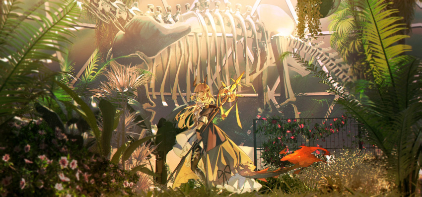 1girl ahoge arknights black_jacket black_pantyhose blonde_hair chinese_commentary closed_mouth commentary dragon_horns dragon_tail dress expressionless fence fern floral_print flower from_side green_eyes hair_flower hair_ornament haku_(muc12b) highres holding holding_staff horns jacket long_hair looking_at_viewer off_shoulder open_clothes open_jacket pantyhose pink_flower reed_(arknights) reed_the_flame_shadow_(arknights) ribs skeleton solo staff tail white_dress white_flower wide_shot