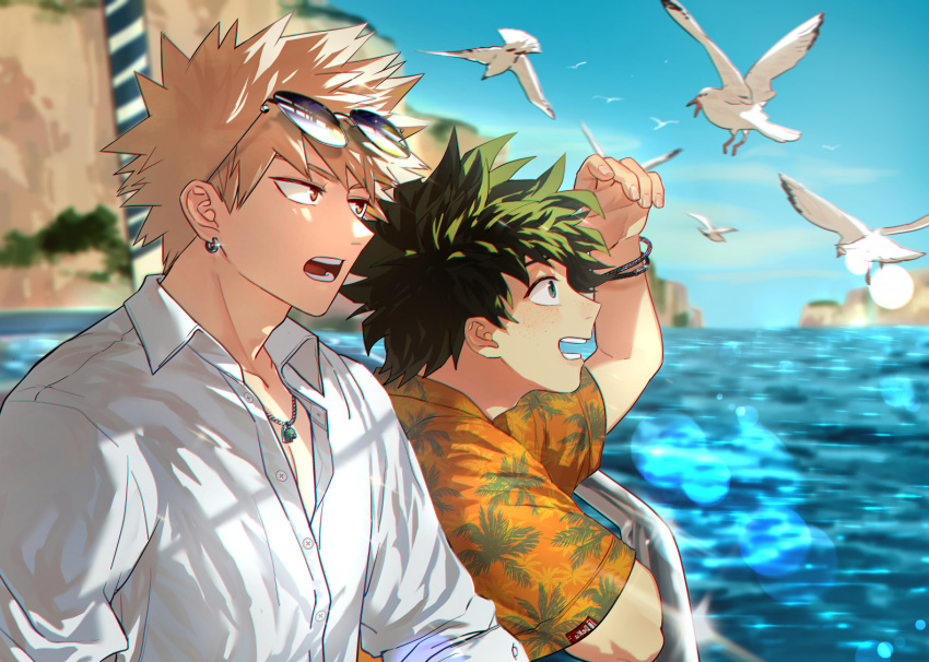 2boys adam's_apple arm_up bakugou_katsuki bird blonde_hair blue_sky blurry blurry_background boku_no_hero_academia bracelet buttons chain_necklace character_name chromatic_aberration cliff clouds collared_shirt commentary_request day diffraction_spikes dress_shirt earrings elbow_rest eyewear_on_head freckles glint green_eyes green_hair happy hawaiian_shirt horizon island jewelry leaf_print leaning_forward lens_flare light looking_afar looking_ahead looking_away male_focus midoriya_izuku mirrored_text multiple_boys namarigenshi necklace no_scar ocean open_collar open_mouth outdoors palm_tree_print partial_commentary partially_unbuttoned pendant profile railing red_eyes sanpaku seagull shading_eyes ship shirt short_hair short_sleeves side-by-side sidelighting sideways_mouth sky smile sparkle spiky_hair sunglasses sunlight upper_body vacation valentine watercraft white_bird white_shirt wing_collar