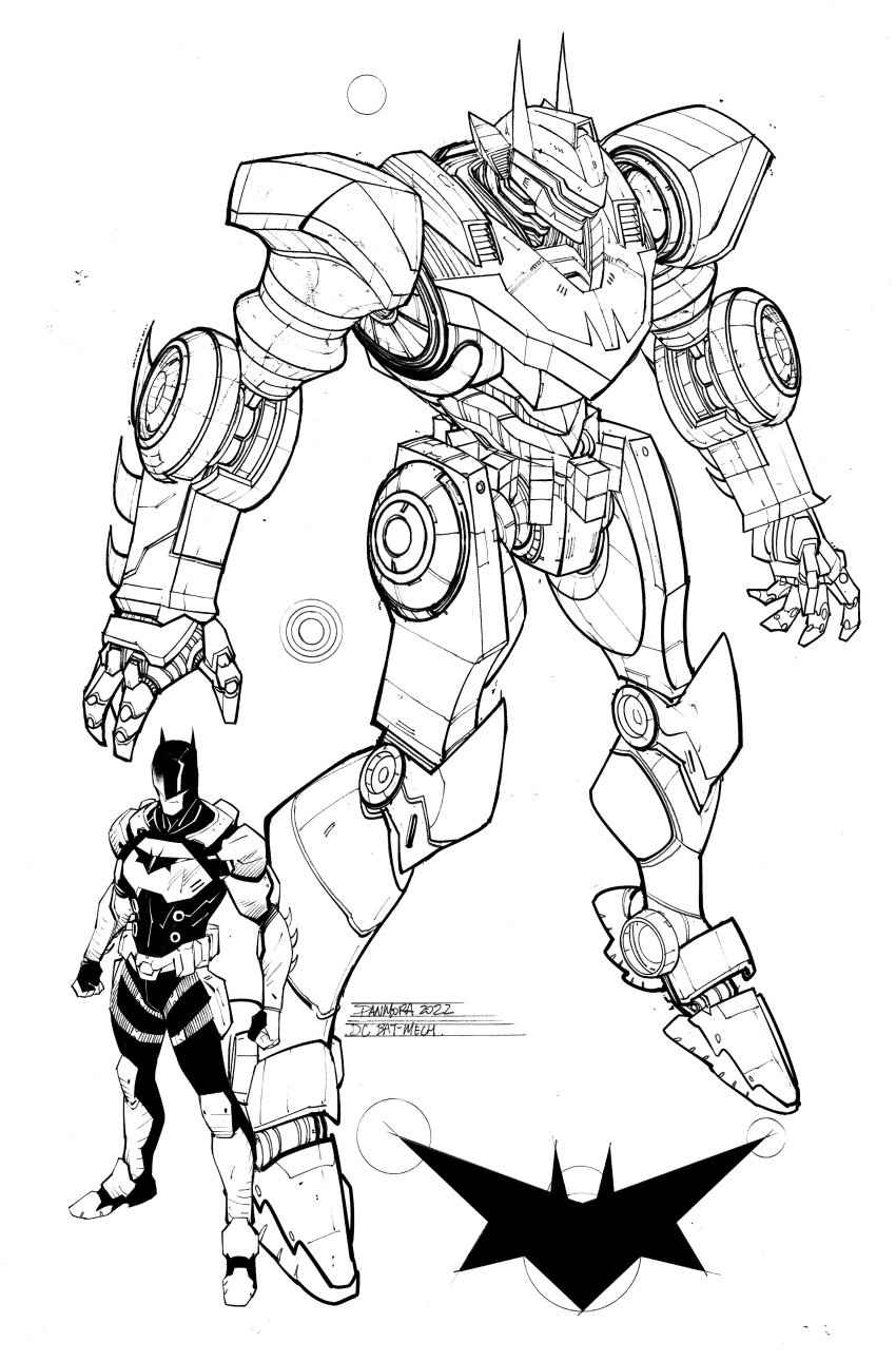 1boy 2022 absurdres artist_name assault_visor batman batman_(series) bodysuit character_name clenched_hands dan_mora dc_comics english_commentary english_text frown greyscale highres lineart mask mecha monochrome official_art open_hands power_armor robot science_fiction standing superhero white_background