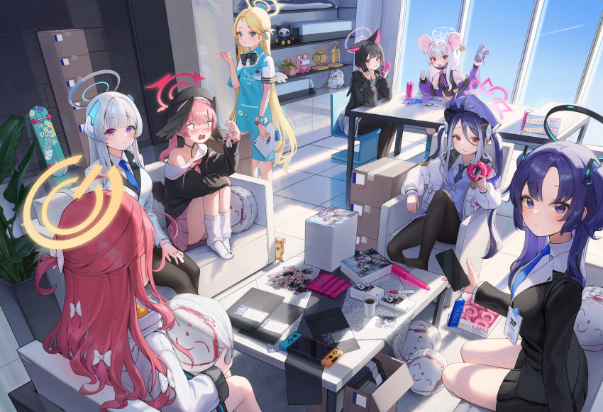 6+girls absurdres animal_ears arona's_sensei_doodle_(blue_archive) beret black_hair blue_archive blue_hair blue_necktie box cardboard_box cat_ears cellphone couch dong_ji doughnut eating food fubuki_(blue_archive) halo hat head_wings highres ipad kazusa_(blue_archive) koharu_(blue_archive) long_hair mouse mouse_ears multiple_girls necktie nintendo_switch noa_(blue_archive) pantyhose peroro_(blue_archive) phone pink_hair police_hat redhead saya_(blue_archive) sensei_(blue_archive) sitting skateboard smartphone sora_(blue_archive) tablet_pc twintails v white_hair yuuka_(blue_archive) yuzu_(blue_archive)