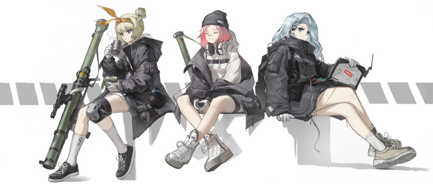 3girls absurdres bandaid bandaid_on_face bandaid_on_nose beanie black_jacket blonde_hair blue_hair closed_eyes computer countryman_(artist) field_ration full_body girls_frontline gloves grin hat headphones headphones_around_neck highres holding_laptop hood hood_down hooded_jacket hoodie jacket kettle knee_pads laptop long_hoodie looking_at_viewer mk_153_(girls'_frontline) multiple_girls pink_hair rocket_launcher second-party_source shoes simple_background single_knee_pad smile sneakers socks tactical_clothes weapon white_background white_gloves woollen_cap