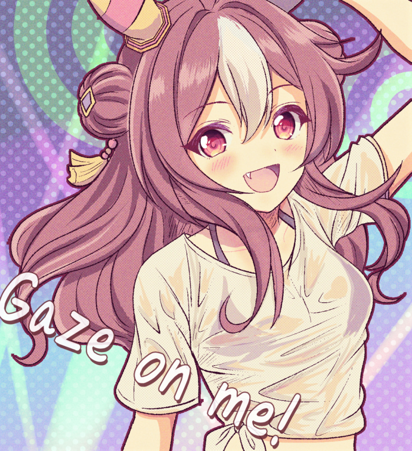 1girl alternate_costume animal_ears bra breasts brown_hair collarbone commentary_request copano_rickey_(umamusume) double_bun english_text fang gaze_on_me!_outfit_(umamusume) hair_bun highres horse_ears horse_girl looking_at_viewer medium_breasts medium_hair open_mouth portrait red_eyes see-through shirt simple_background solo umamusume underwear usuba-kagerou