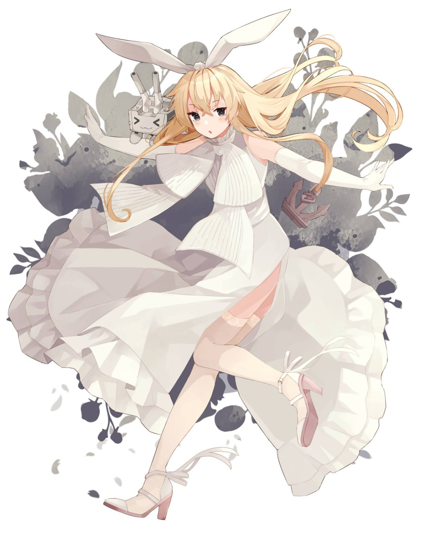 1girl blonde_hair elbow_gloves full_body gloves grey_eyes hairband highres kantai_collection long_hair official_alternate_costume outstretched_arms rensouhou-chan shakemi_(sake_mgmgmg) shimakaze_(kancolle) solo thigh-highs toeless_footwear white_gloves white_hairband white_thighhighs