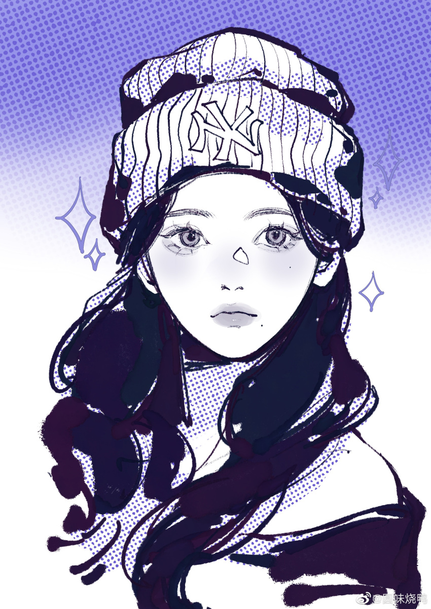 1girl absurdres aespa animification beanie blue_theme chinese_commentary expressionless halftone hat highres jacket k-pop karina_(aespa) long_hair looking_at_viewer major_league_baseball mole mole_under_mouth monochrome new_york_yankees off_shoulder portrait real_life solo sparkle weibo_username yuanwei_shaoya