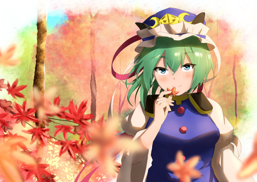 1girl absurdres blue_eyes blue_headwear blue_vest blurry blurry_background blurry_foreground breasts closed_mouth commentary epaulettes forest frilled_hat frills hat highres holding holding_leaf juliet_sleeves leaf long_sleeves looking_at_viewer maple_leaf medium_breasts nature outdoors puffy_sleeves raian_macaroni shiki_eiki smile solo touhou upper_body vest