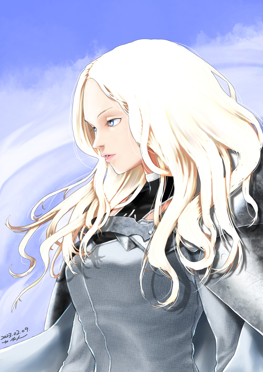 1girl absurdres armor blonde_hair blue_sky bodysuit breasts cape claymore_(series) clouds dated day from_side grey_bodysuit grey_cape highres lips long_hair long_sleeves looking_at_viewer medium_breasts outdoors parted_lips pauldrons realistic shoulder_armor signature sky solo teresa_(claymore) uniform wavy_hair yuutan_(chokorobittsu)