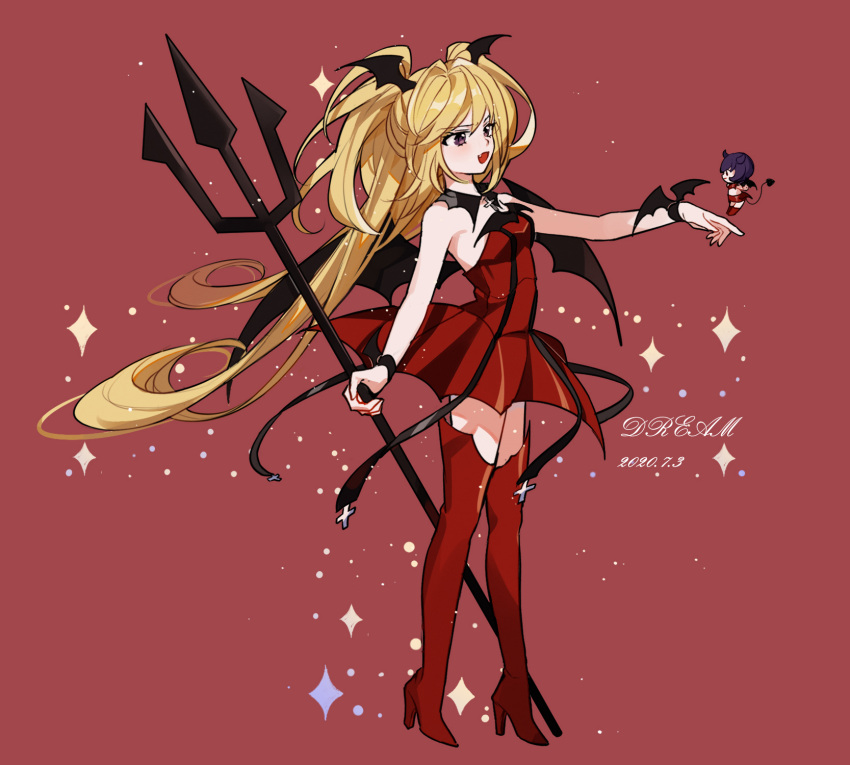 2girls blonde_hair boots demon_wings dream_(1791923913) dress fang full_body half_updo head_wings highres hoshina_utau il_(shugo_chara!) looking_to_the_side lunatic_charm multiple_girls open_mouth red_background red_dress red_footwear shugo_chara! thigh_boots twintails violet_eyes wings