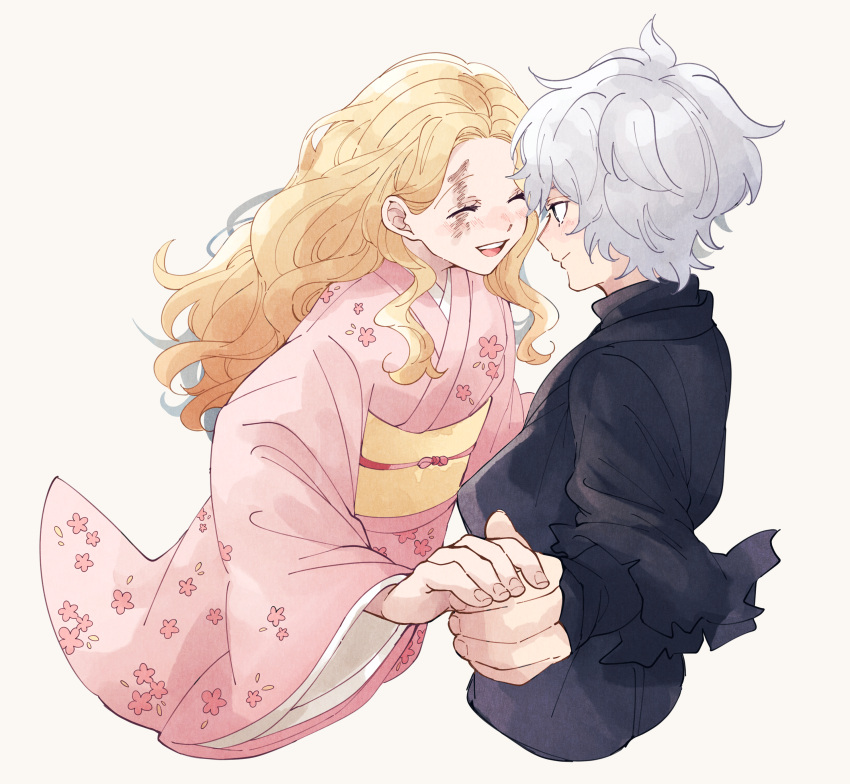 1boy 1girl absurdres blonde_hair blush closed_eyes closed_mouth commentary_request couple floral_print gabimaru happy highres holding_hands japanese_clothes jigokuraku kimono kon_(ocean0028) long_hair long_sleeves looking_at_another looking_at_viewer obi open_mouth pink_kimono sash scar scar_on_face short_hair simple_background smile teeth upper_body upper_teeth_only wavy_hair white_background white_hair wide_sleeves yui_(jigokuraku)