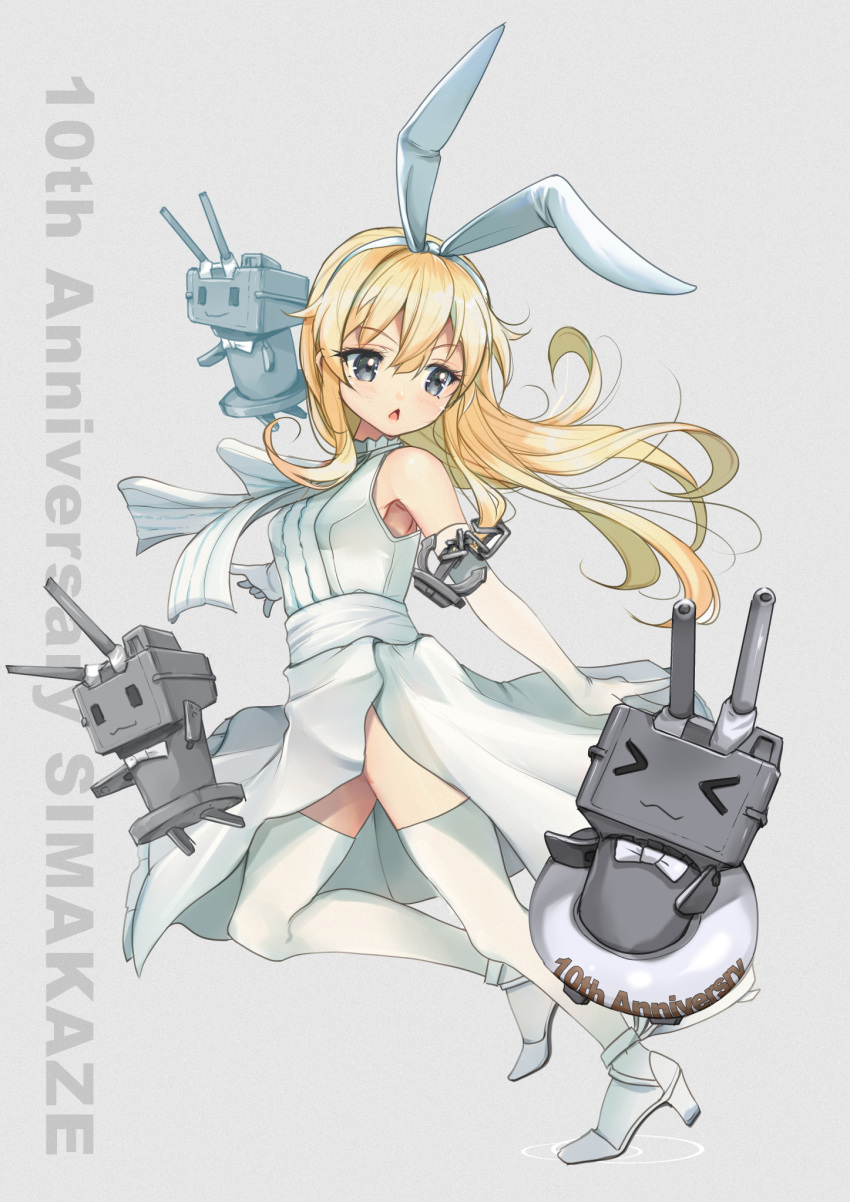 1girl anchor_hair_ornament animal_ears anniversary blonde_hair character_name dress elbow_gloves fake_animal_ears full_body gloves grey_background grey_eyes hair_ornament hairband highres kantai_collection long_hair official_alternate_costume rabbit_ears rensouhou-chan running shimakaze_(kancolle) thigh-highs triangle_mouth white_dress white_gloves white_hairband white_thighhighs yashin_(yasinz)