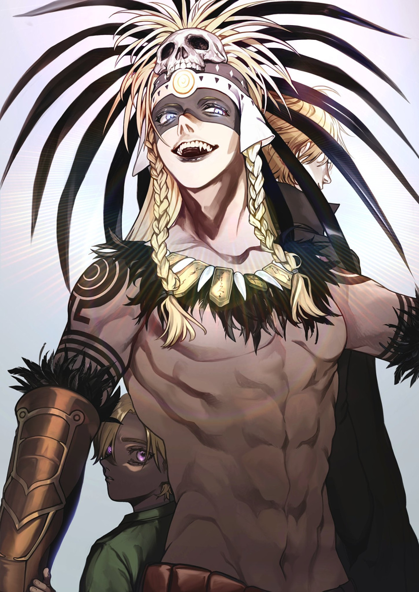 3boys abs aged_down arm_guards arm_tattoo aztec back-to-back bakushi_(kaeritai0609) black_lips blonde_hair blue_eyes braid daybit_sem_void dual_persona fangs fate/grand_order fate_(series) feather_hair_ornament feathers green_shirt hair_ornament headdress highres jewelry long_hair looking_at_viewer male_child male_focus mature_male multiple_boys necklace shirt short_hair skull skull_hair_ornament smile tattoo tezcatlipoca_(fate) tezcatlipoca_(third_ascension)_(fate) traditional_clothes trench_coat twin_braids upper_body violet_eyes