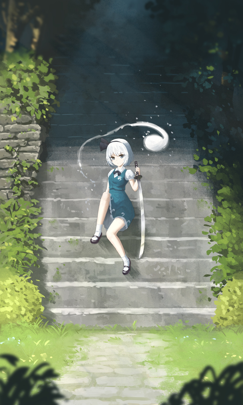 1girl absurdres black_bow black_bowtie black_footwear black_hairband blurry blurry_foreground bow bowtie closed_mouth commentary english_commentary full_body ghost grass green_eyes green_skirt green_vest hairband hexunart highres holding holding_sword holding_weapon konpaku_youmu konpaku_youmu_(ghost) looking_at_viewer outdoors shirt short_hair sitting skirt socks solo stairs sword touhou vest weapon white_hair white_shirt white_socks