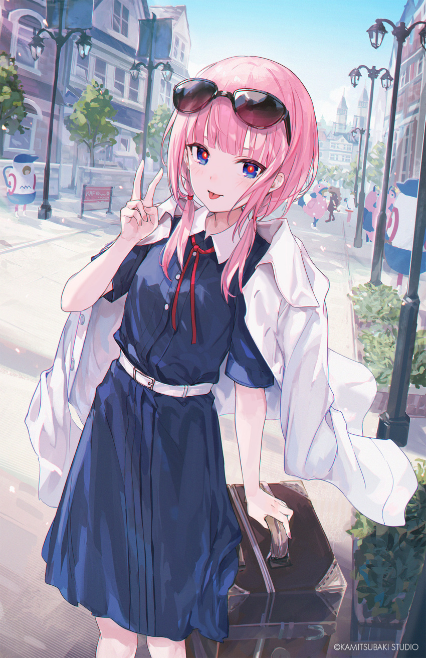 1girl belt belt_buckle blue_eyes blue_shirt blue_skirt buckle building collared_shirt commentary_request day dress_shirt eyewear_on_head hair_over_shoulder hand_up highres jacket jacket_on_shoulders kaf_(kamitsubaki_studio) kamitsubaki_studio lamppost long_hair looking_at_viewer low_twintails makihitsuji official_art outdoors pink_hair red_pupils shirt skirt solo_focus sunglasses twintails v virtual_youtuber white_belt white_jacket