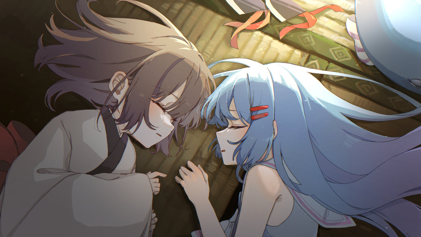 2girls absurdres bare_shoulders blade blue_hair blue_shirt bow brown_hair closed_eyes commentary eel_hat facing_another from_above from_side hair_ornament hairclip headgear_removed headwear_removed highres japanese_clothes kimono light_blue_hair light_blush long_hair lying medium_hair multiple_girls neckerchief on_floor on_side open_mouth otomachi_una otomachi_una_(talkex) profile red_bow sailor_collar sayonaka_megumo shirt sleeping sleeveless sleeveless_shirt sunlight talkex tatami touhoku_kiritan upper_body voiceroid waist_bow white_kimono white_neckerchief white_sailor_collar