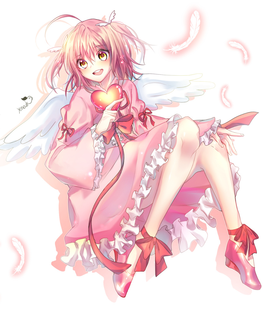 1girl amulet_angel angel_wings dress feathered_wings feathers full_body half_updo heart high_heels highres hinamori_amu long_sleeves open_mouth pink_dress pink_footwear shugo_chara! signature smile solo teeth twintails white_background wing_hair_ornament wings yeneuk