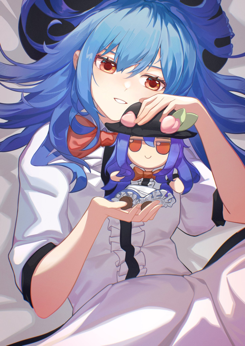 1girl black_headwear blue_hair bow bowtie center_frills commentary doll food frilled_skirt frills fruit fumo_(doll) hair_between_eyes highres hinanawi_tenshi holding holding_doll jitome leaf long_hair lying on_back oraico233 parted_lips peach red_bow red_bowtie red_eyes short_sleeves skirt smile solo touhou upper_body