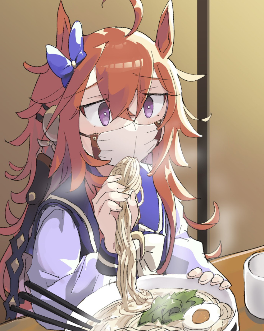 1girl ahoge ai_drawing_anime_characters_eating_ramen_(meme) animal_ears bow bowtie chopsticks commentary_request cup ear_bow egg_(food) food hair_between_eyes headgear highres horse_ears horse_girl indoors long_hair long_sleeves making-of_available mask meme messy_hair mouth_mask noodles orange_hair orfevre_(umamusume) purple_bow purple_sailor_collar purple_shirt ramen reins sailor_collar sailor_shirt school_uniform shirt sketch solo steam taisa_(h68533631) tracen_school_uniform umamusume upper_body violet_eyes white_bow white_bowtie winter_uniform you're_doing_it_wrong yunomi