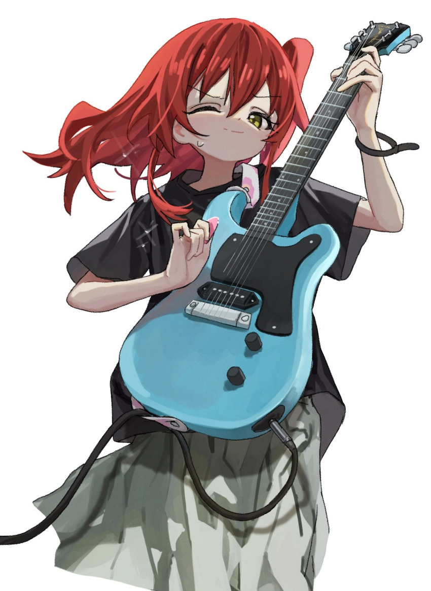 1girl arm_up black_shirt bocchi_the_rock! bracelet cable cable_tie commentary cowboy_shot electric_guitar floating_hair furrowed_brow grey_skirt guitar hand_up highres holding holding_instrument holding_plectrum instrument jewelry kita_ikuyo light_smile looking_at_viewer medium_hair neko_yeye one_eye_closed one_side_up plectrum redhead shirt short_sleeves shoulder_strap simple_background skirt solo sparkle sweat t-shirt v-shaped_eyebrows white_background yellow_eyes