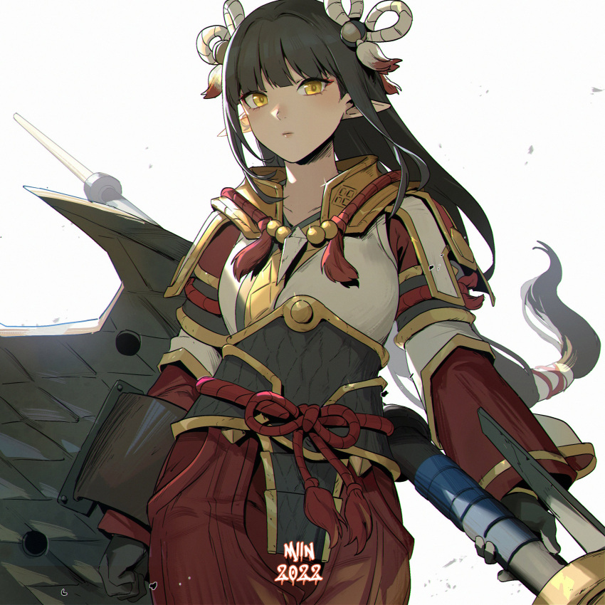 1girl absurdres armor artist_name artofmiin black_gloves black_hair breasts closed_mouth commentary cowboy_shot dated english_commentary expressionless eyeshadow gloves gold_trim hair_ornament highres holding holding_weapon japanese_clothes jewelry kimono long_hair looking_at_viewer low-tied_long_hair makeup medium_breasts minoto monster_hunter_(series) monster_hunter_rise necklace pointy_ears red_eyeshadow red_skirt rope rope_belt shield sidelocks simple_background skirt solo standing tassel weapon white_background white_kimono yellow_eyes
