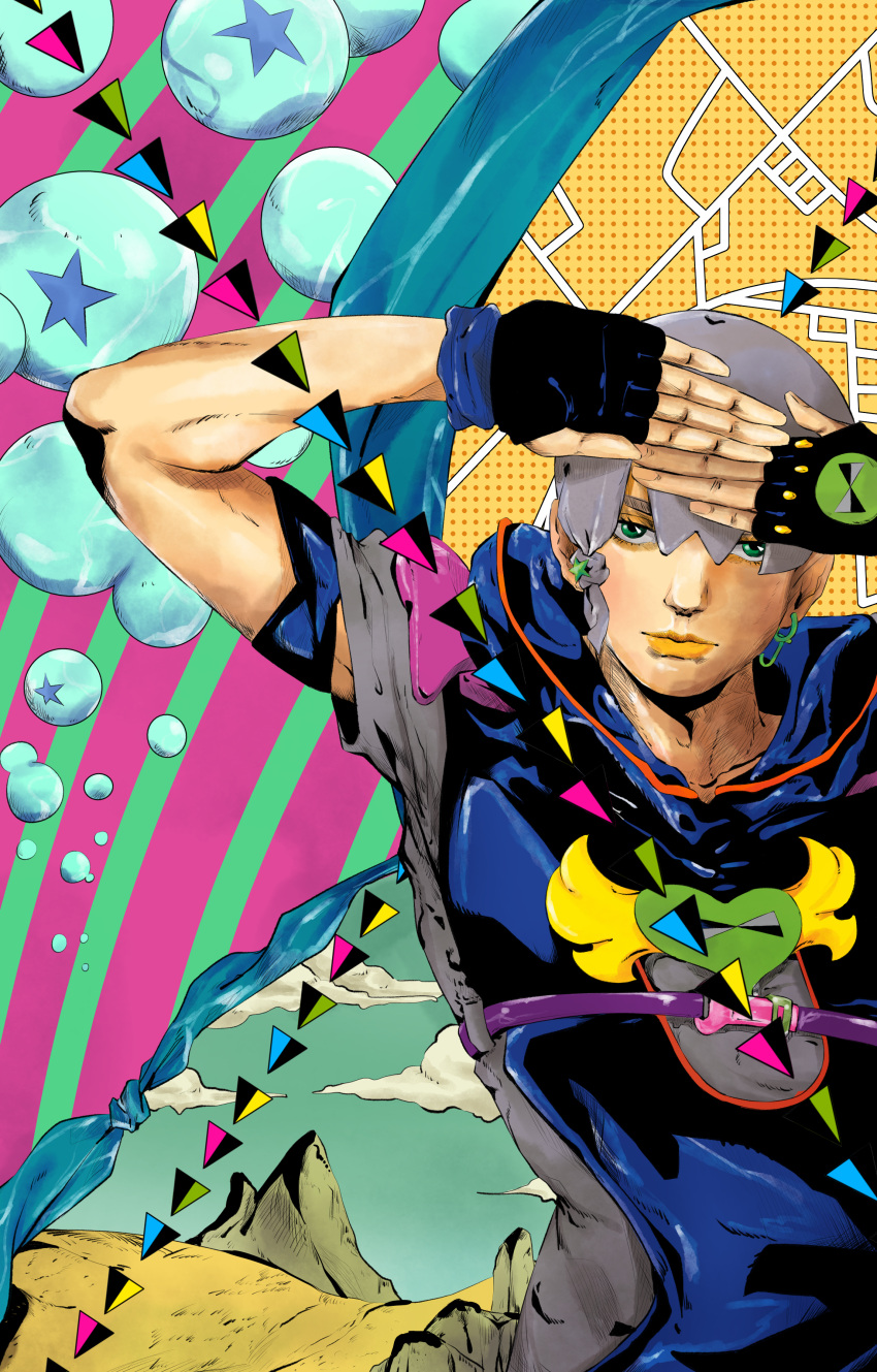 1boy absurdres black_gloves closed_mouth clouds fingerless_gloves fishing_hook gloves green_eyes grey_hair hair_ornament hands_up highres hood hood_down jodio_joestar jojo_no_kimyou_na_bouken knew_nothing looking_at_viewer male_focus map short_hair short_sleeves soap_bubbles solo star_(symbol) star_hair_ornament the_jojolands
