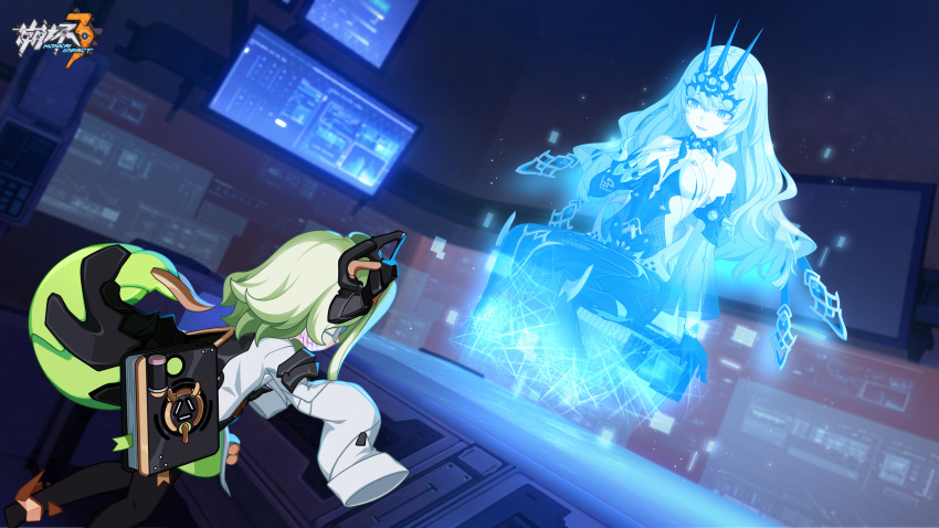 2girls bare_shoulders black_headwear black_pants book breasts chinese_commentary green_hair highres hologram honkai_(series) honkai_impact_3rd indoors klein_(honkai_impact) logo long_hair looking_at_another mobius_(honkai_impact) multiple_girls official_art official_wallpaper pants parted_lips screen shirt short_hair sitting small_breasts very_long_sleeves white_shirt white_sleeves