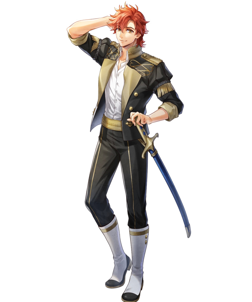1boy argon_(exys) arm_up black_jacket black_pants boots brown_eyes fire_emblem fire_emblem:_three_houses fire_emblem_heroes full_body garreg_mach_monastery_uniform hair_between_eyes hand_in_own_hair highres jacket leggings looking_at_viewer male_focus official_art open_clothes open_jacket orange_hair pants scabbard sheath sheathed shirt short_hair smile solo standing sword sylvain_jose_gautier transparent_background weapon white_footwear white_shirt