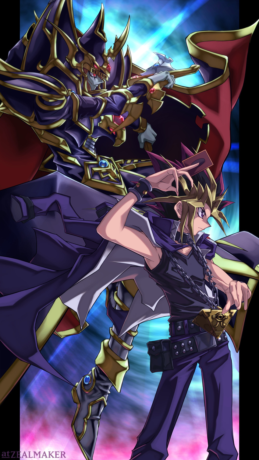 2boys absurdres artist_name black_hair black_shirt blonde_hair blue_jacket blue_pants cape card colored_skin commentary_request duel_monster grey_skin highres holding holding_card holding_sword holding_weapon jacket jacket_on_shoulders looking_to_the_side master_of_chaos millennium_puzzle multicolored_hair multiple_boys pants red_eyes redhead shirt sleeveless sleeveless_shirt spiky_hair sword violet_eyes weapon yami_yuugi yu-gi-oh! yu-gi-oh!_duel_monsters zealmaker