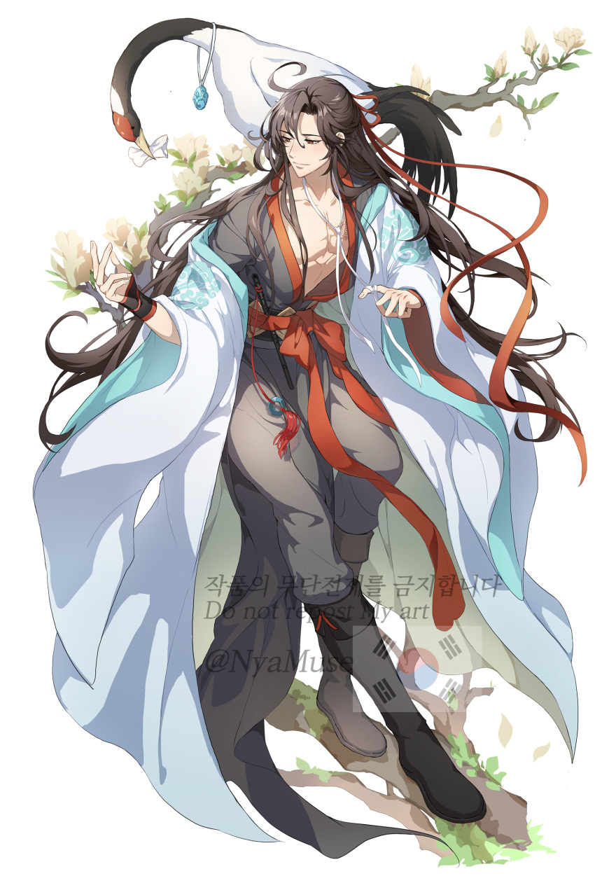 1boy absurdres artist_name bird bishounen black_footwear black_robe boots branch brown_hair chinese_clothes closed_mouth collarbone commentary_request crane_(animal) dizi flower flute full_body hair_between_eyes hair_ribbon hand_up hanfu highres in_tree instrument jewelry long_hair long_sleeves looking_away looking_to_the_side male_focus modao_zushi muse_(rainforest) necklace open_clothes open_robe paper parted_bangs pectorals red_eyes red_ribbon ribbon robe sidelocks simple_background solo south_korean_flag tassel tree twitter_username very_long_hair watermark wei_wuxian white_background white_flower white_robe wide_sleeves