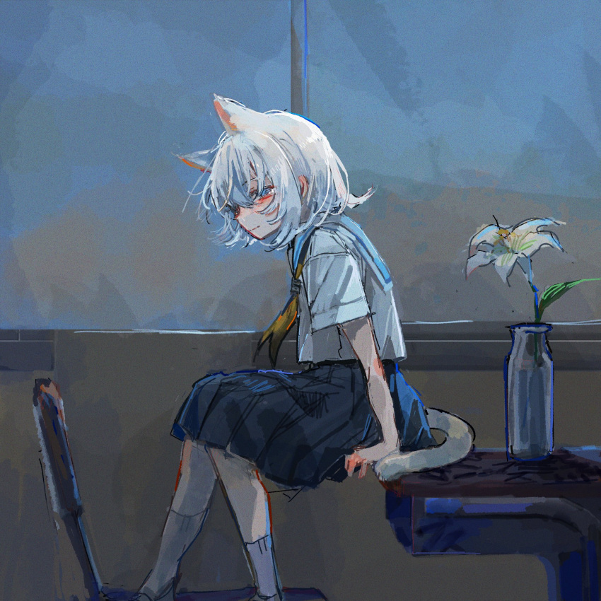 1girl animal_ears artist_self-insert black_skirt blue_eyes blue_sailor_collar cat_ears cat_girl cat_tail chair classroom commentary desk feet_out_of_frame flower from_side half-closed_eyes highres indoors lily_(flower) looking_at_viewer looking_to_the_side memorial_on_desk messy_hair neckerchief on_desk original pleated_skirt profile sad_smile sailor_collar sayonaka_megumo school_chair school_desk school_uniform serafuku shirt short_hair sitting sitting_on_desk skirt socks solo tail vase white_flower white_hair white_shirt white_socks yellow_neckerchief