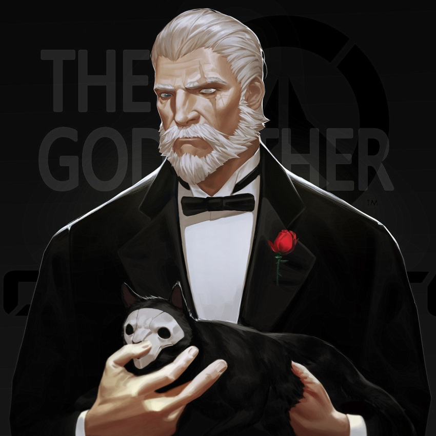 1boy animal beard black_background black_bow black_bowtie black_cat bow bowtie cat corsage cosplay facial_hair grey_eyes hair_slicked_back highres holding holding_animal holding_cat jay_risto long_sleeves mustache old old_man overwatch reaper_(overwatch) reaper_(overwatch)_(cosplay) reinhardt_(overwatch) scar scar_across_eye solo the_godfather tuxedo upper_body vito_corleone vito_corleone_(cosplay) white_hair