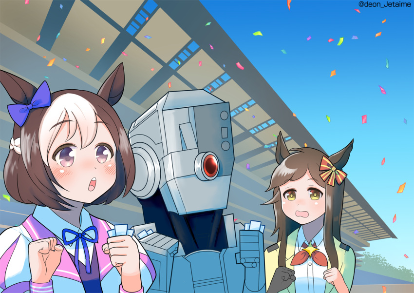 2girls animal_ears black_gloves bow braid brown_eyes brown_hair buena_vista_(umamusume) clenched_hands commentary_request confetti deon_(jetaime) ear_bow french_braid gloves gradient_eyes hair_between_eyes horse_ears horse_girl horse_racing_track long_hair looking_up multicolored_eyes multicolored_hair multiple_girls neck_ribbon neckerchief open_mouth outdoors purple_bow purple_ribbon red_bow red_neckerchief ribbon robot short_hair sidelocks single_glove special_week_(umamusume) star_ornament striped striped_bow toda_(tough) tough twitter_username two-tone_bow two-tone_hair umamusume violet_eyes white_hair yellow_eyes