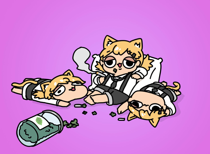 3girls :3 afei_(sfma3248) animal_ears barefoot black_necktie black_shorts blonde_hair cat_ears cat_tail catnip chibi clone drugged full_body girls_frontline hair_ornament hairclip half-closed_eyes highres holding idw_(girls'_frontline) jar leaf_print long_hair lying mixed-language_commentary multiple_girls necktie on_back on_stomach open_mouth pillow purple_background shirt shorts simple_background sitting smile smoke smoking spill tail twintails wall-eyed white_shirt