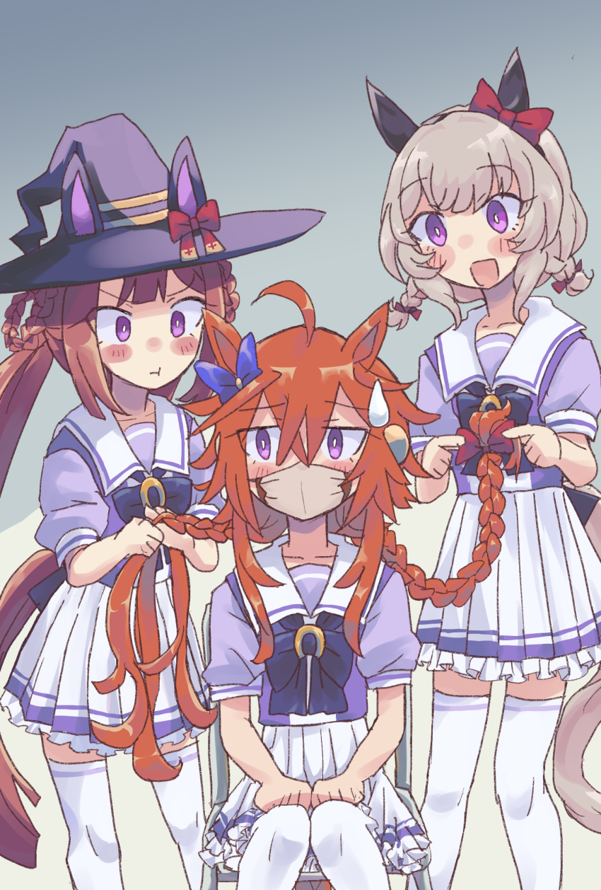 3girls :t adjusting_another's_hair ahoge alternate_hairstyle blush_stickers bow bowtie braid braiding_hair bright_pupils brown_hair chair collarbone commentary_request cowboy_shot curren_chan_(umamusume) ear_bow ear_covers hair_between_eyes hair_bow hairdressing hat hat_bow highres horse_tail long_hair mask messy_hair mouth_mask multiple_girls orange_hair orfevre_(umamusume) pleated_skirt pout puffy_short_sleeves puffy_sleeves purple_bow purple_bowtie purple_shirt red_bow sailor_collar school_uniform shirt short_hair short_sleeves short_twintails sidelocks sitting sketch skirt summer_uniform sweatdrop sweep_tosho_(umamusume) tail taisa_(h68533631) thigh-highs tracen_school_uniform trimmed_tail twin_braids twintails umamusume violet_eyes white_sailor_collar white_skirt white_thighhighs witch_hat
