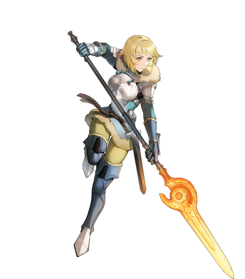 1girl armor belt blonde_hair blue_eyes boots breastplate fire_emblem fire_emblem:_three_houses fire_emblem_heroes fur_trim gloves high_heel_boots high_heels highres holding holding_weapon ingrid_brandl_galatea long_sleeves medium_hair non-web_source official_art polearm riz3 sheath sheathed shoulder_armor solo spear sword thigh_boots transparent_background weapon