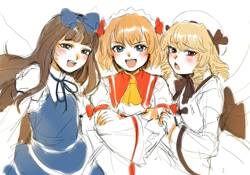 3girls :d ascot blonde_hair blue_dress blue_eyes blush bow brown_eyes brown_hair chestnut_mouth crossed_arms dress drill_hair fairy_wings flat_chest hair_bow hat highres kuya_(hey36253625) looking_at_viewer luna_child multiple_girls open_mouth orange_hair red_eyes simple_background sketch smile star_sapphire sunny_milk teeth touhou upper_teeth_only v-shaped_eyebrows white_background wings