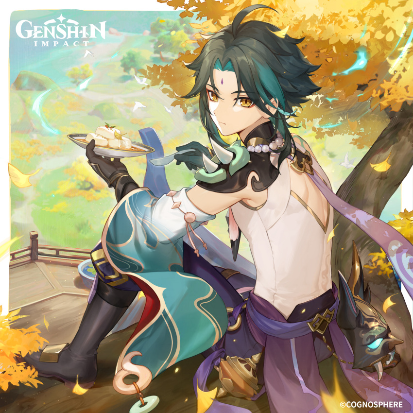 1boy absurdres almond_tofu_(genshin_impact) bead_necklace beads bird black_footwear black_hair blue_hair boots day eating english_commentary facial_mark food forehead_mark genshin_impact gloves highres hou_(ppo) jewelry leaf logo male_focus mask multicolored_hair necklace official_art orange_eyes outdoors sitting solo spoon xiao_(genshin_impact)